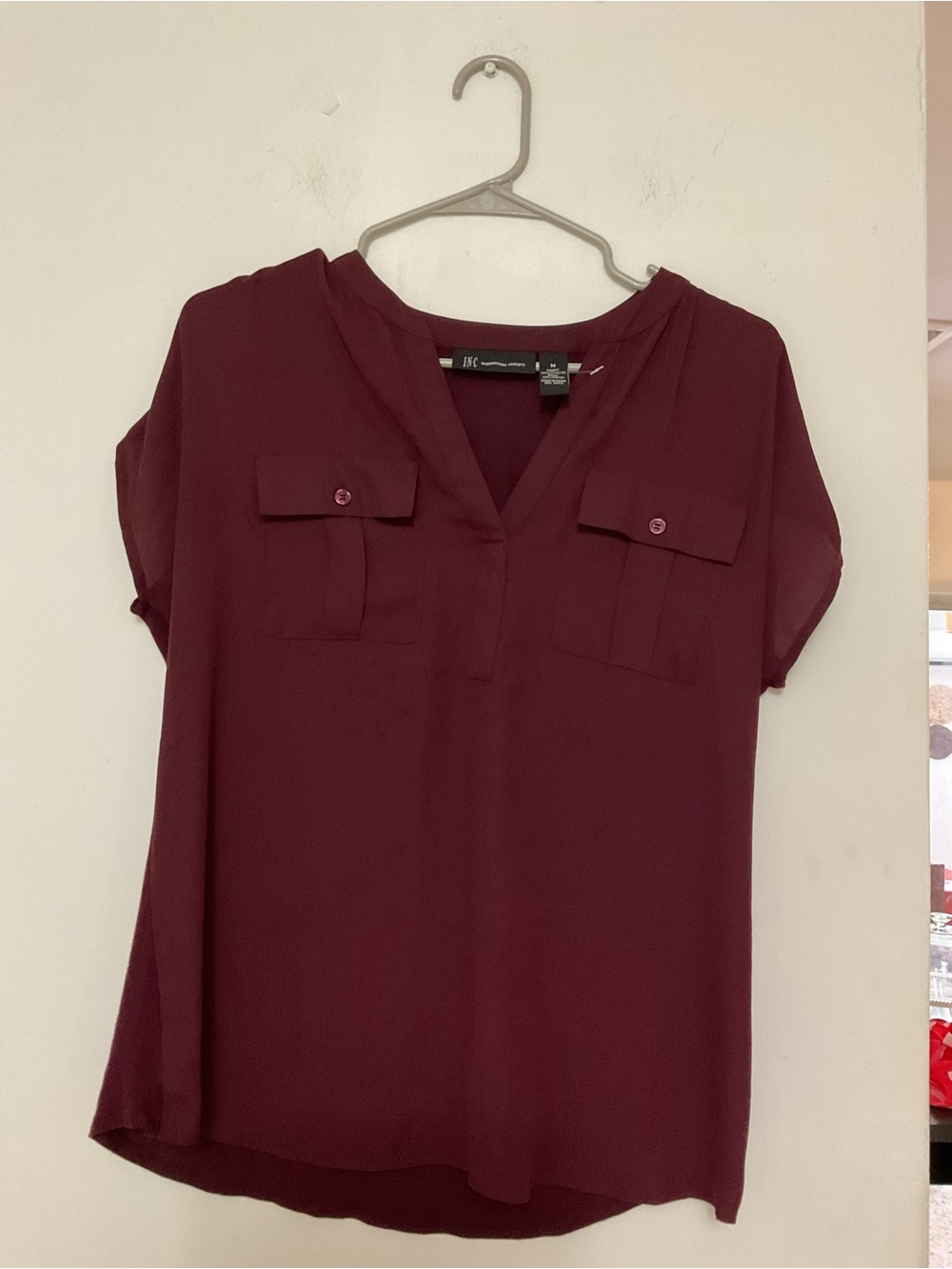 INC International Concepts Burgundy V-Neck Utility Blouse